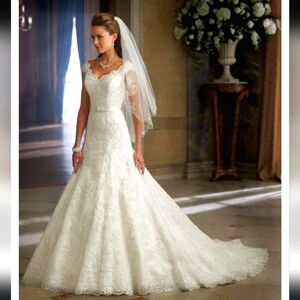 Elegant Ivory/Oyster Lace Wedding Dress with Belt